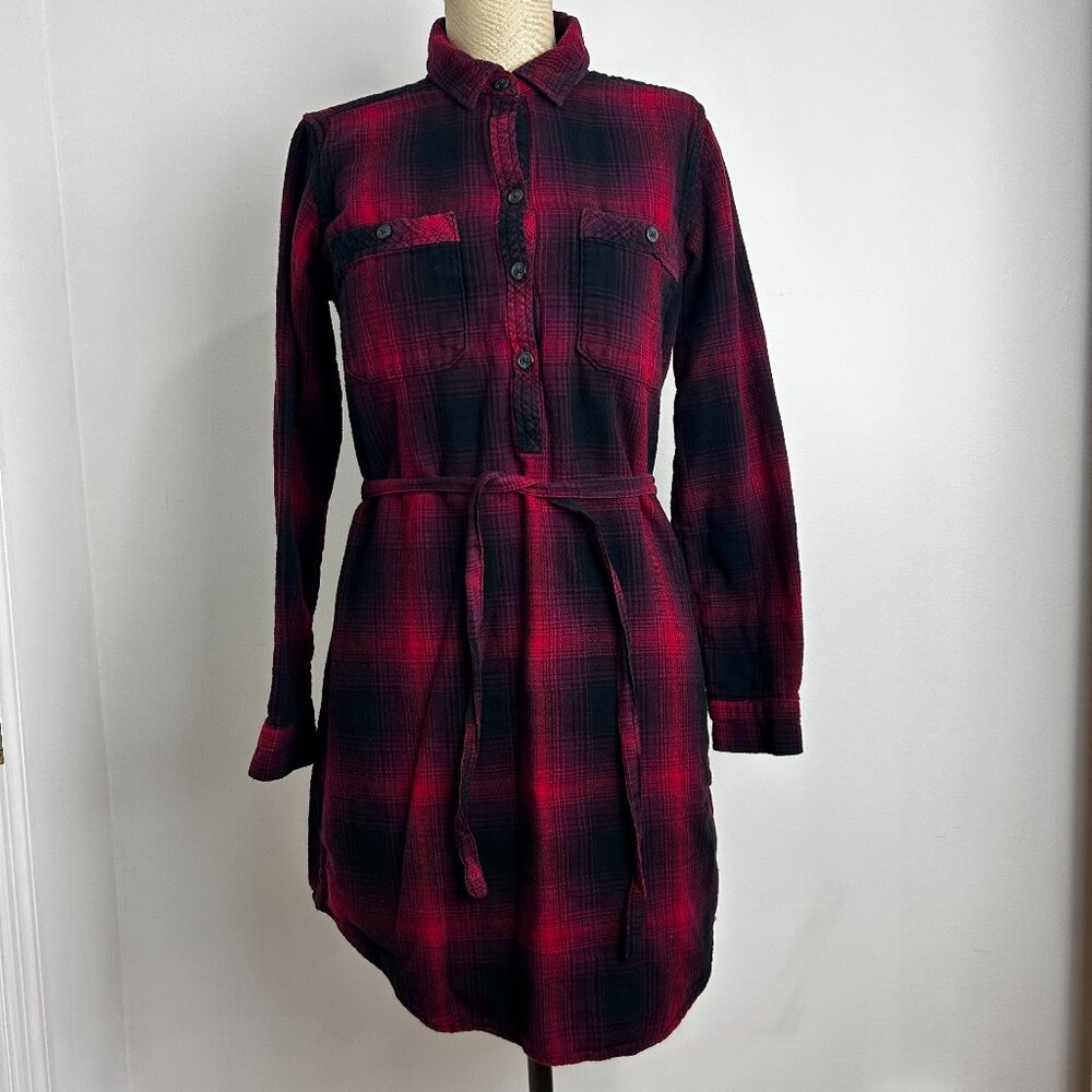 Eddie Bauer Flannel Shirt Dress Red Black Buffalo Plaid 100% Cotton Belted